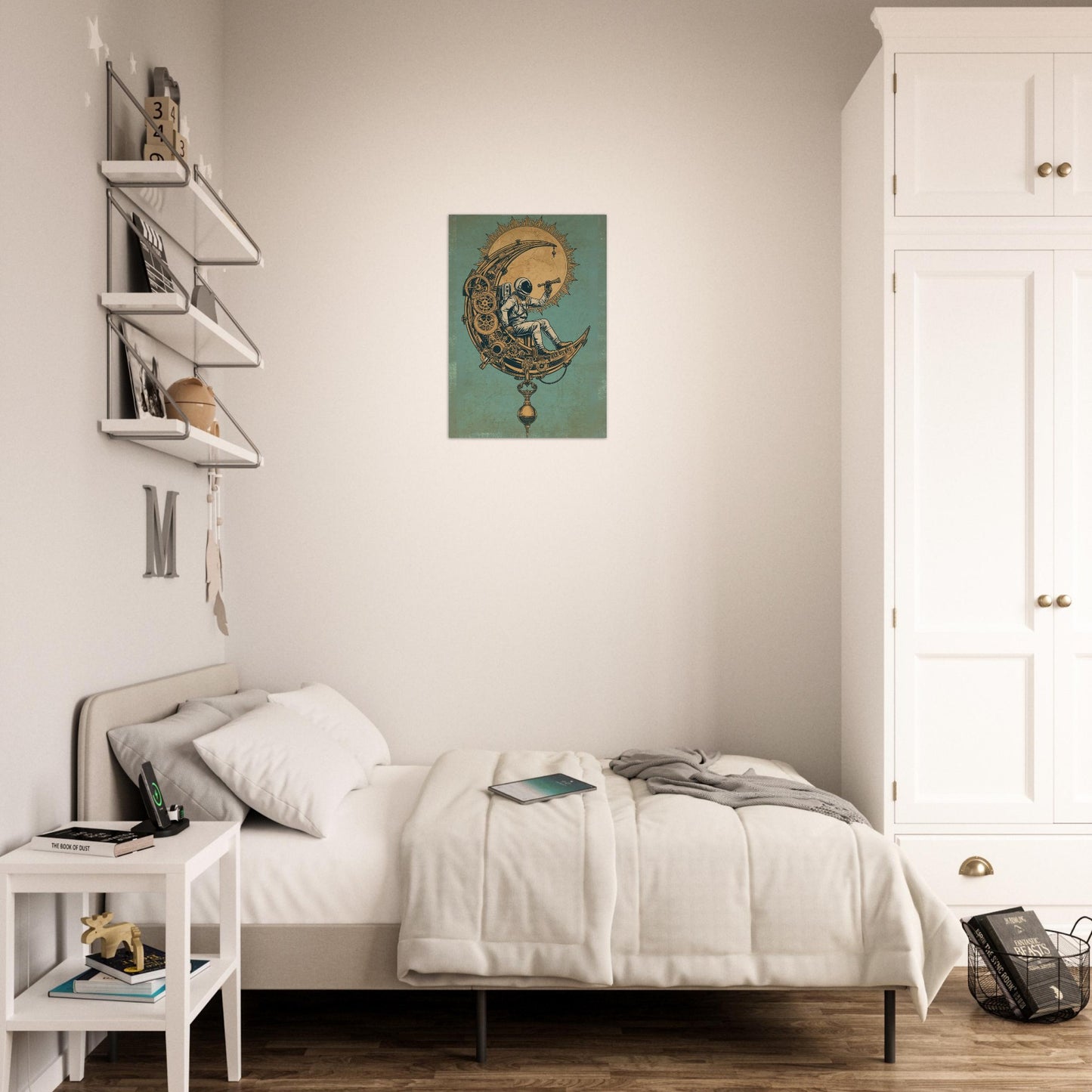 Neatly arranged bedroom with a bed, nightstand, and wall art.