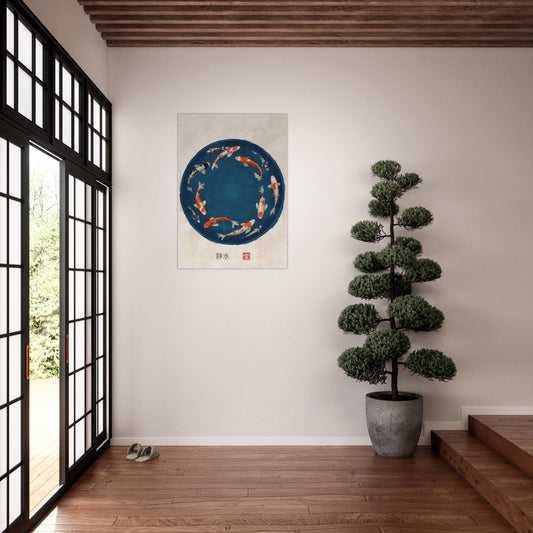 Room interior with a wall painting of koi fish, a potted plant, and large windows.