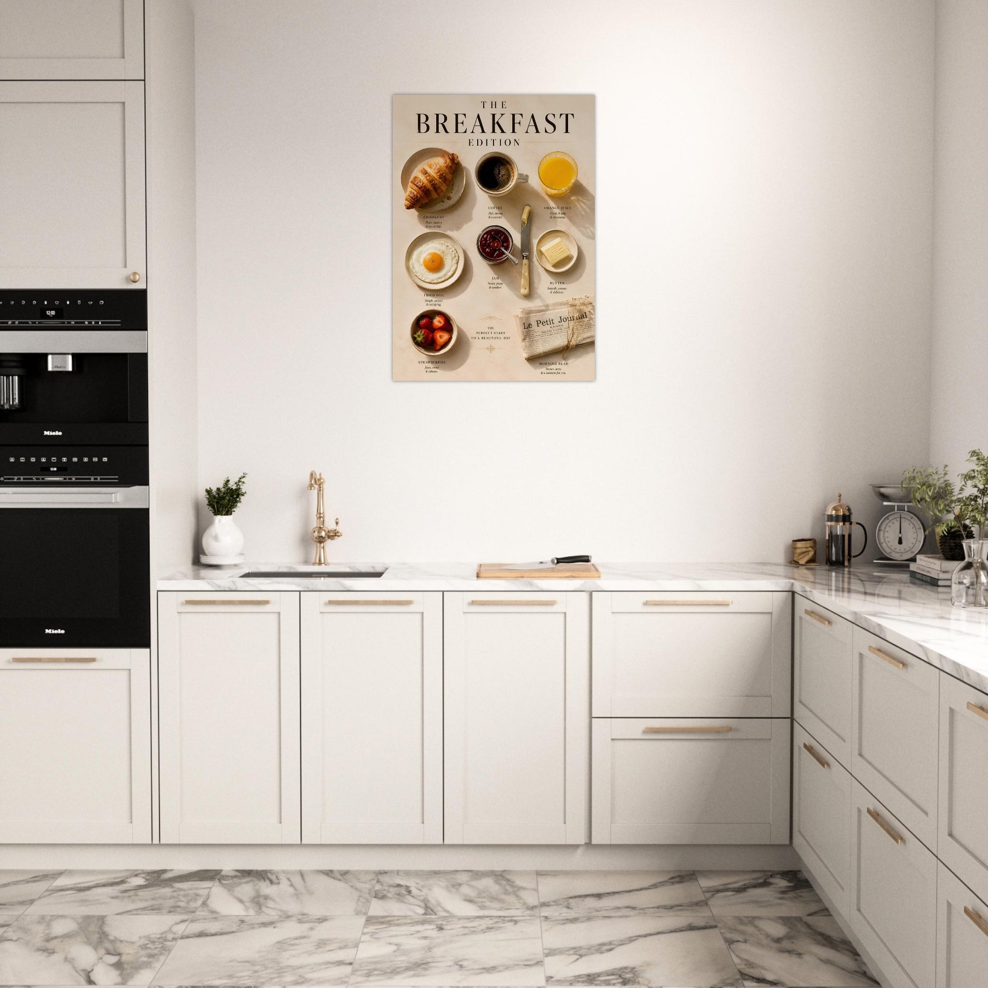 Breakfast Edition Poster displayed in a modern kitchen space featuring luxury breakfast wall art and editorial styling.