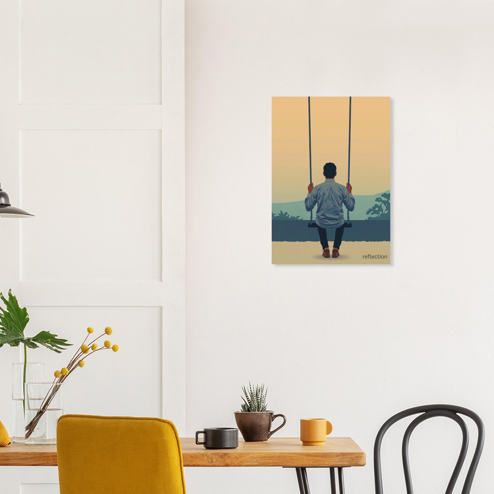 Reflection minimalist poster above sofa in Scandinavian style dining room