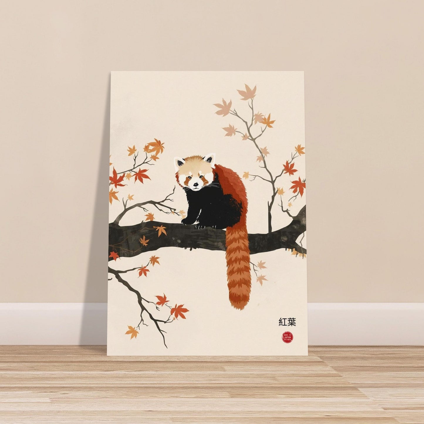 Poster of a red panda on a branch with autumn leaves in a room.