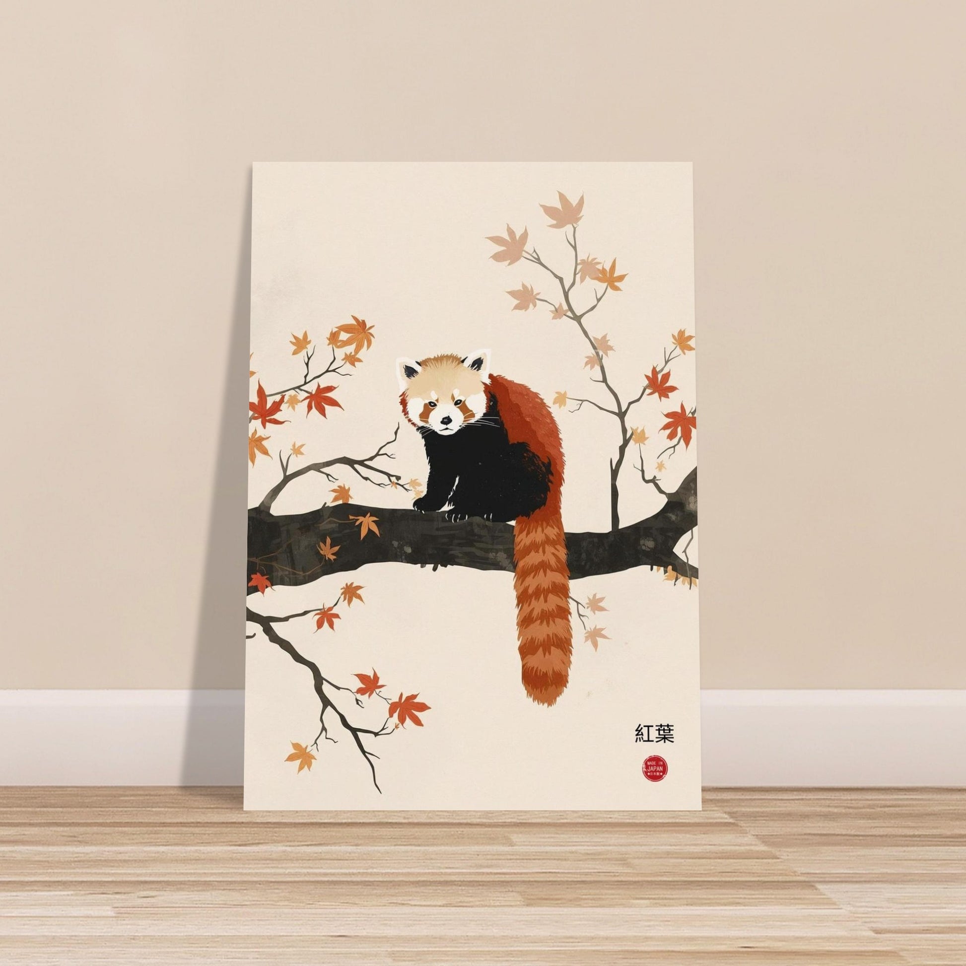 Poster of a red panda on a branch with autumn leaves in a room.