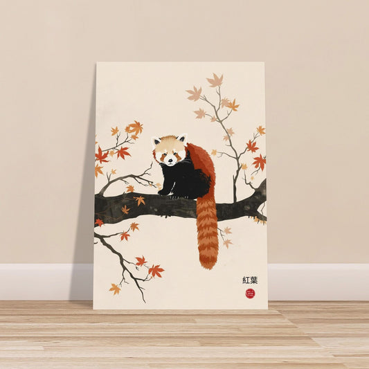 Poster of a red panda on a branch with autumn leaves in a room.