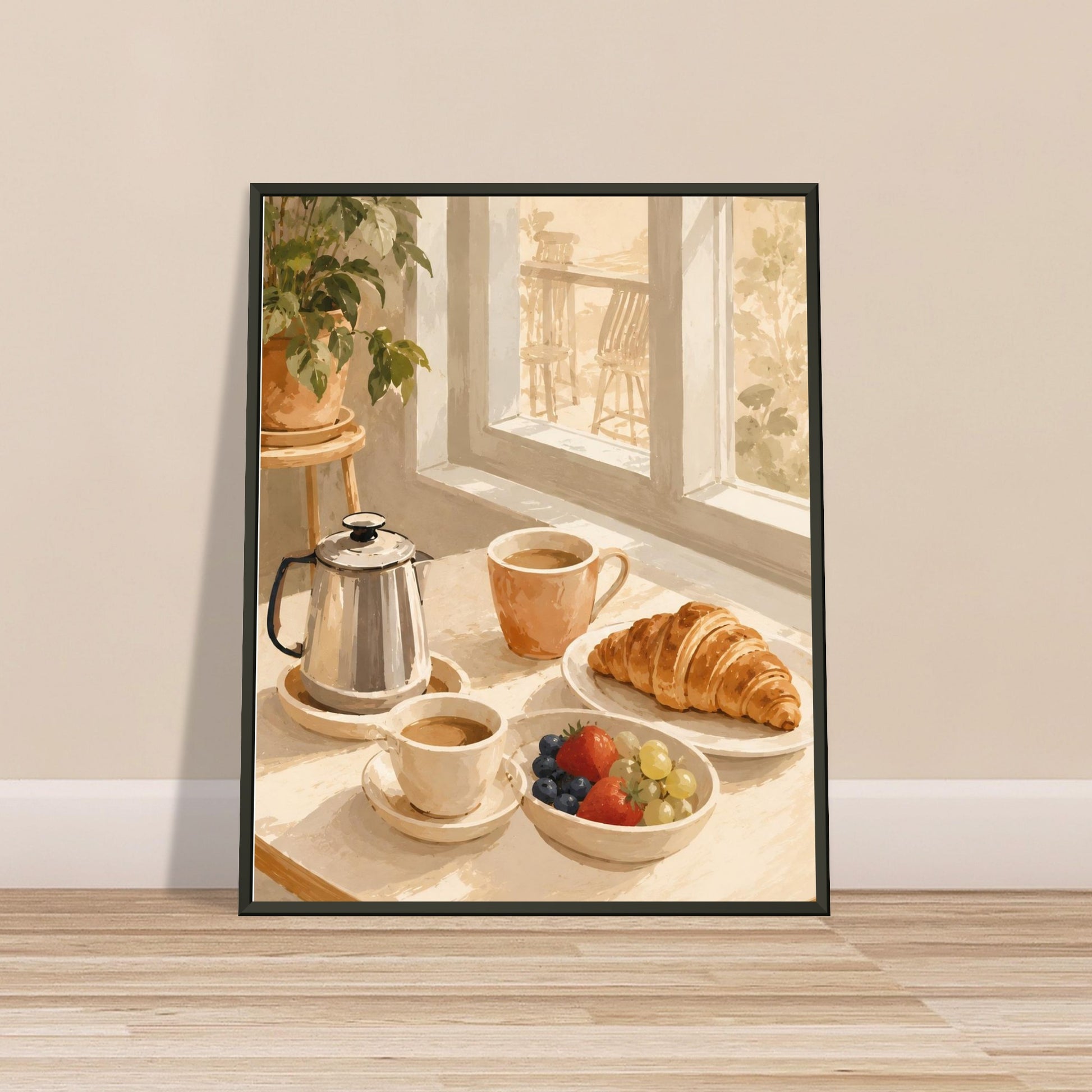 Framed artwork of a breakfast scene with coffee, croissant, and fruit on a windowsill.