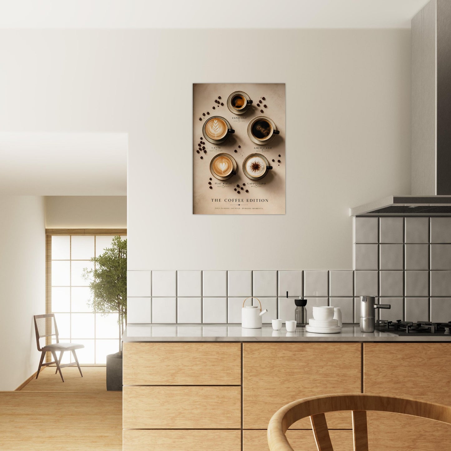 Modern kitchen with wooden cabinets, white tiled backsplash, and a wall art piece.