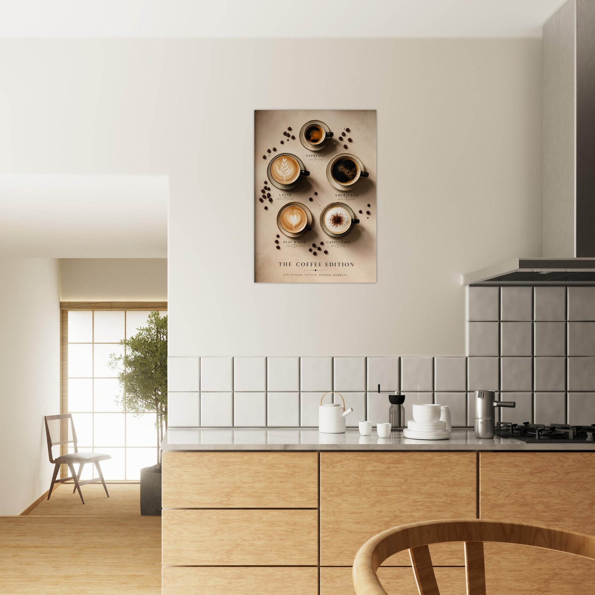Modern kitchen with wooden cabinets, white tiled backsplash, and a wall art piece.