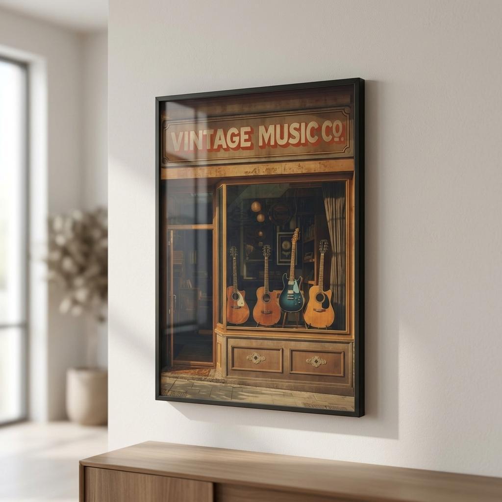 Framed artwork of a vintage music store with guitars on a wall.