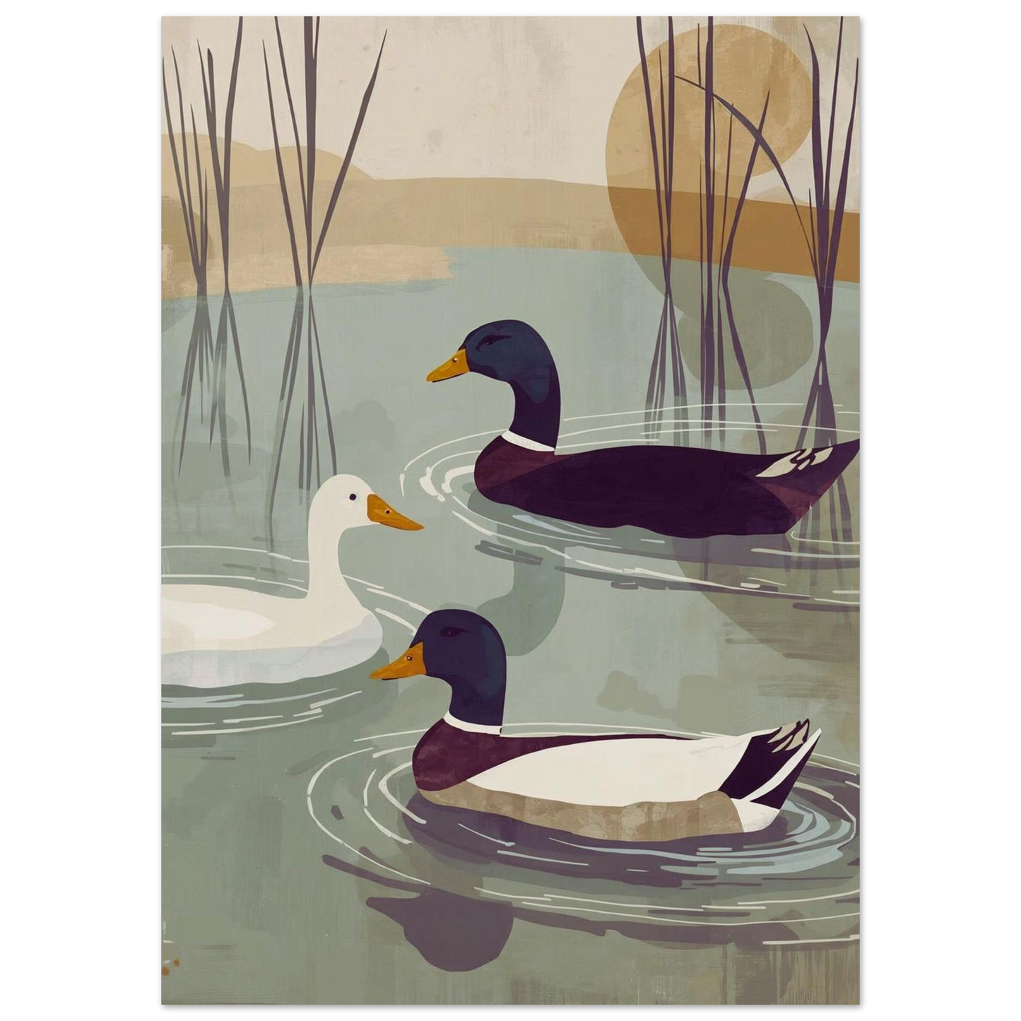 Illustration poster of three ducks swimming in a pond with reeds and a sunset in the background.