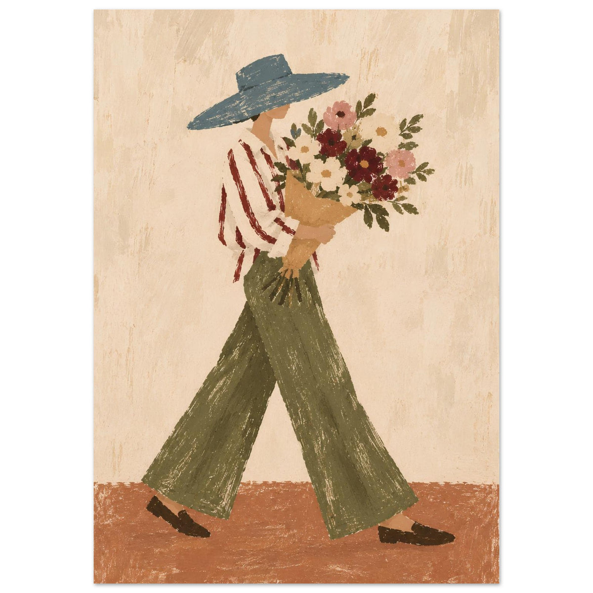 A folk art style illustration of a person walking forward while holding a large bouquet of flowers. The figure wears a wide-brim blue hat, a red-and-white striped shirt, olive green pants, and dark shoes, set against a textured beige background with a brown ground at the bottom.