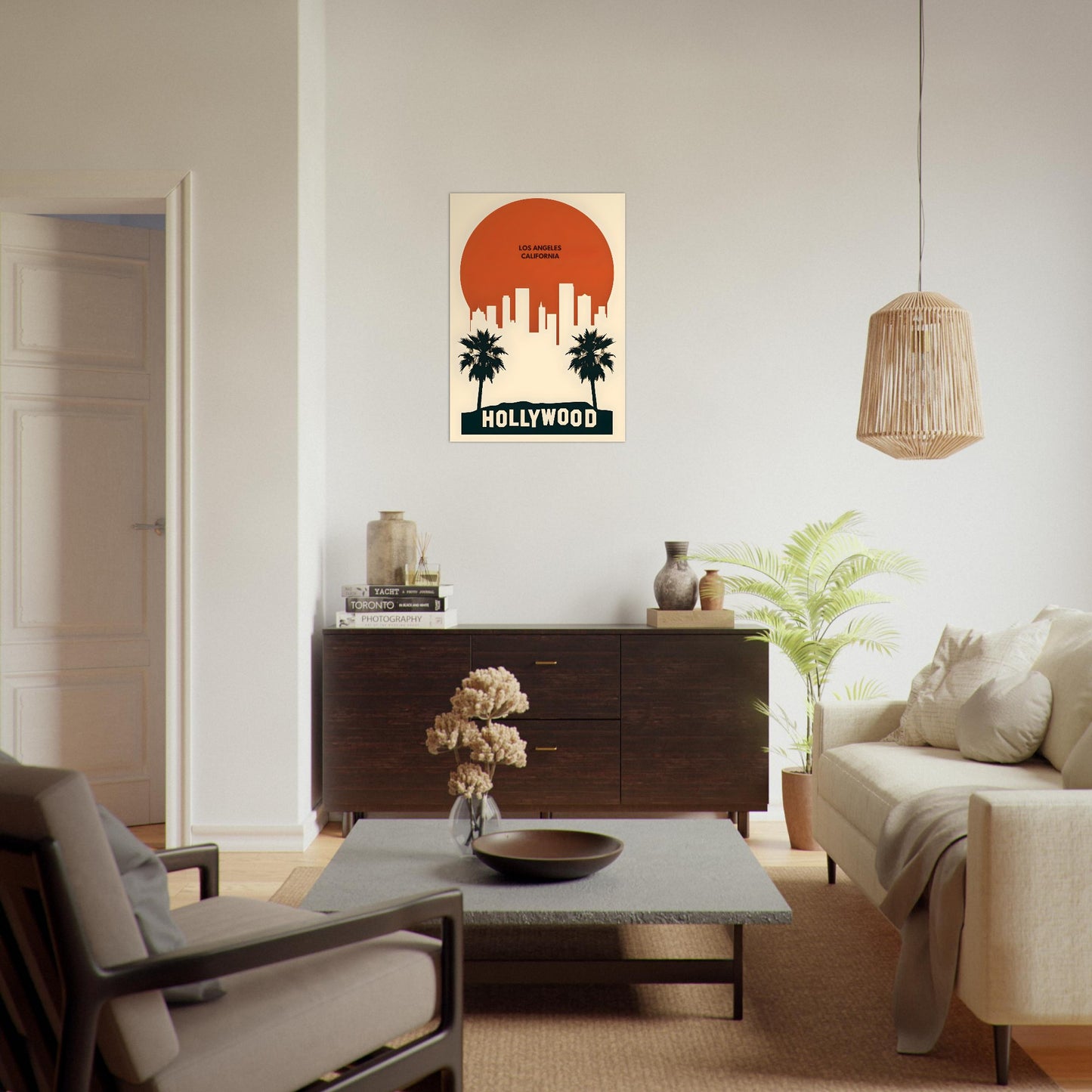 Living room with a 'Hollywood' themed poster on the wall