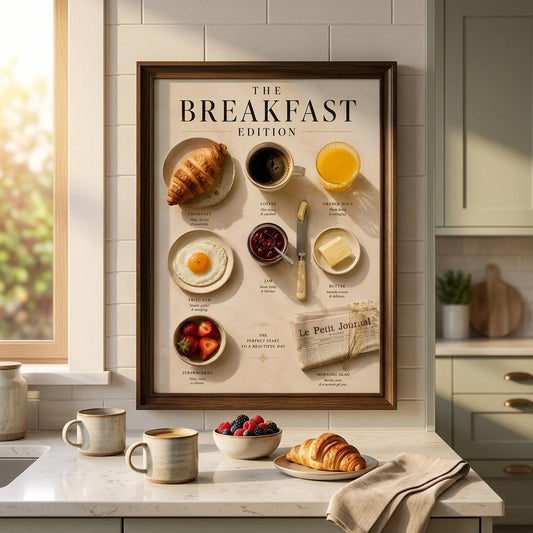 Breakfast Edition Poster displayed in a bright kitchen featuring croissant, coffee, orange juice, strawberries and breakfast-inspired editorial food photography.