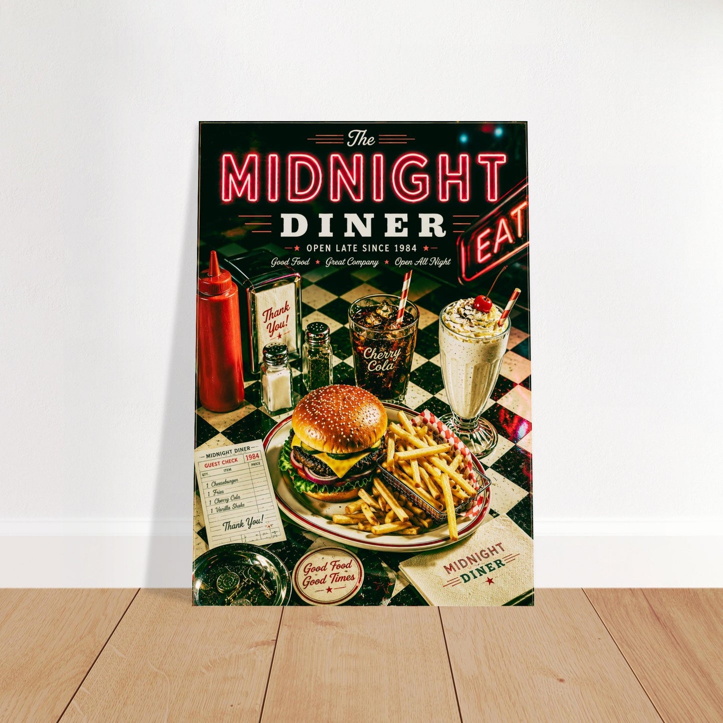Poster of 'The Midnight Diner' with a burger and fries on a checkered tablecloth.