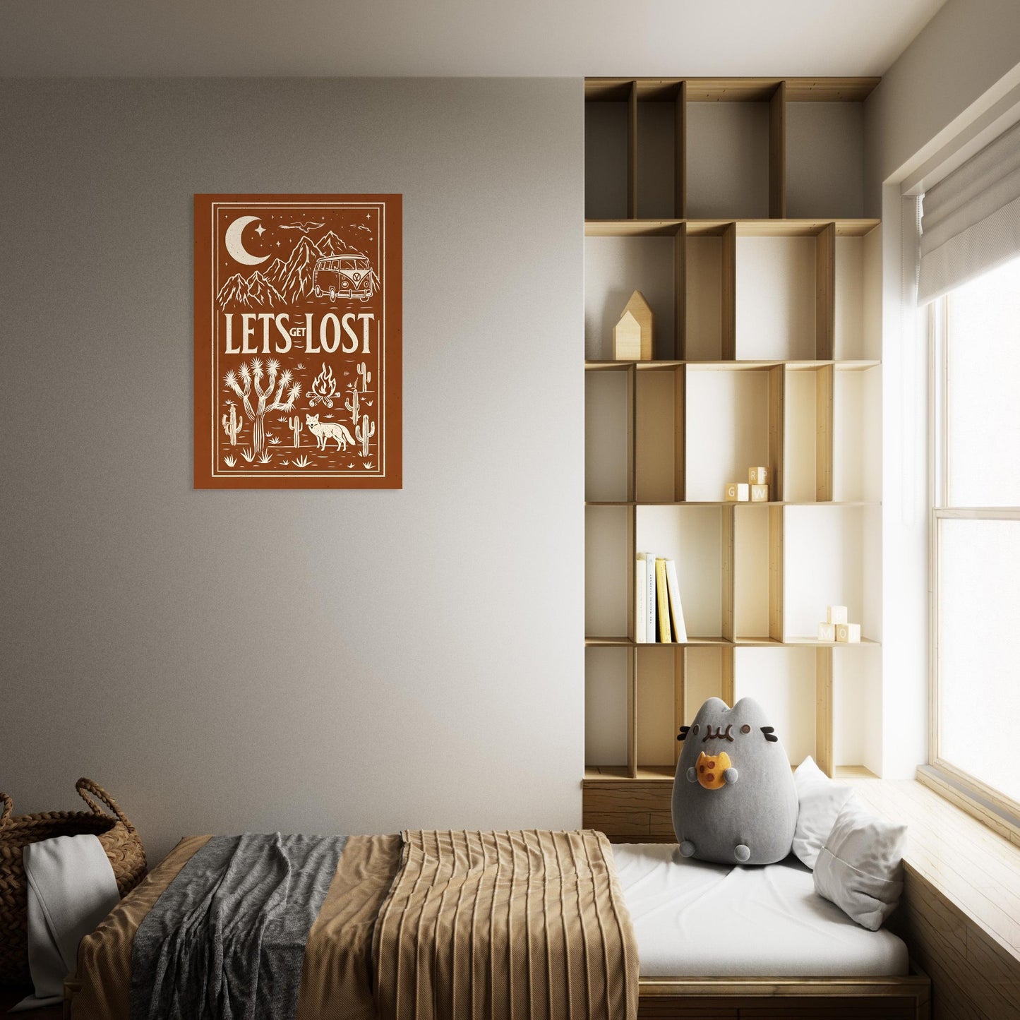 Room interior with a 'Let's Get Lost' poster on the wall, bookshelf, and window.