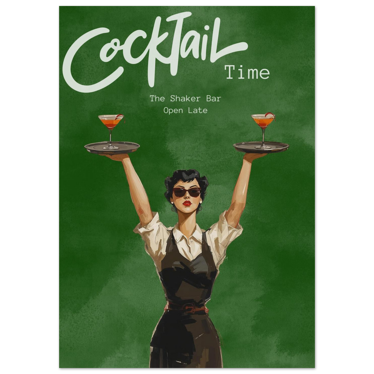 Illustration of a woman holding two cocktail trays with 'Cocktail Time' text on a green background