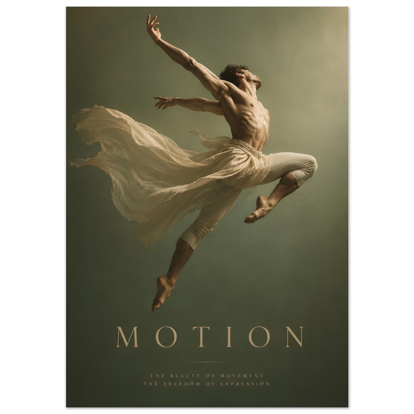 Motion contemporary dancer poster displayed in a modern interior, featuring a male dancer suspended mid-air against a soft sage green background.