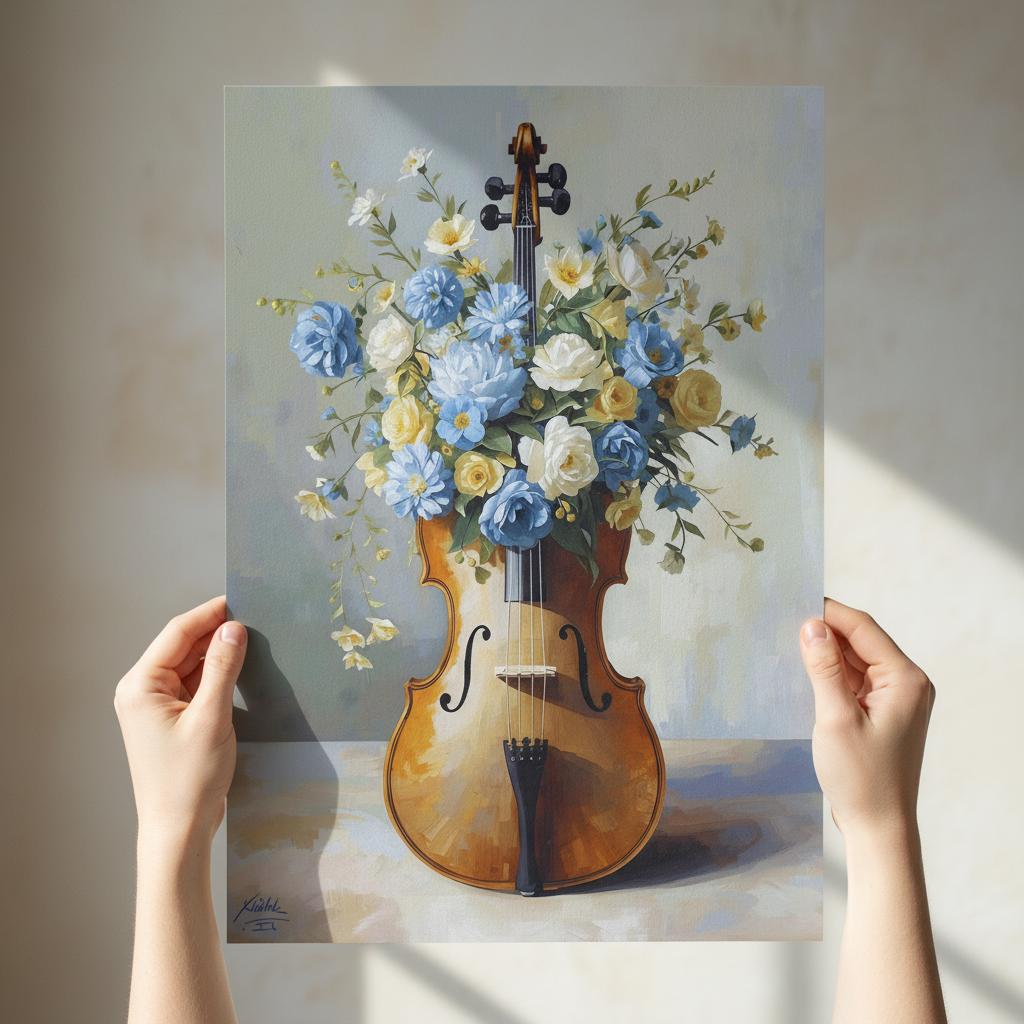 Art print of a violin-shaped vase with flowers held by hands against a light background