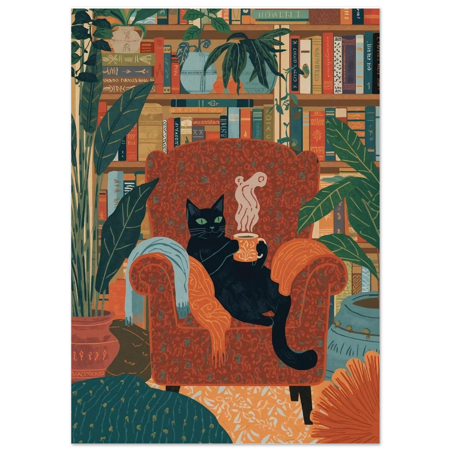 Illustration of a black cat sitting on an armchair with a cup, surrounded by books and plants.