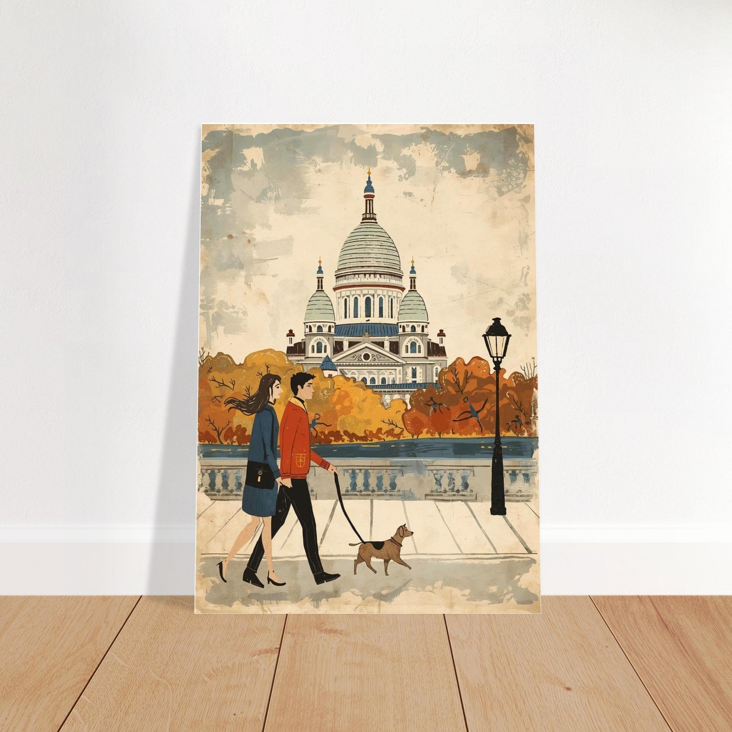Poster of a couple walking a dog with a large building in the background on a wooden floor.
