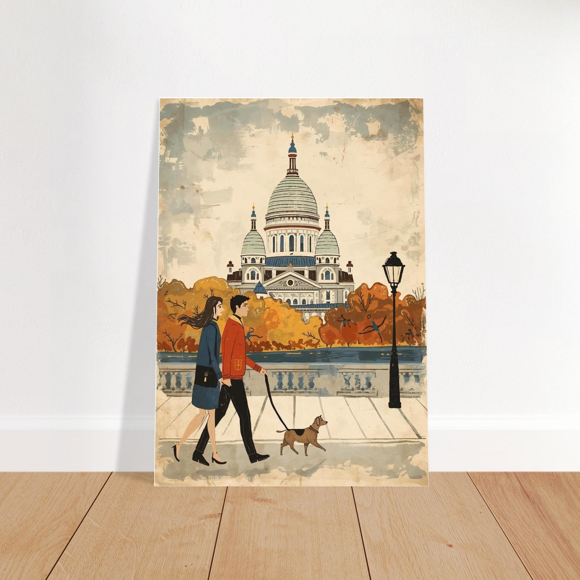 Poster of a couple walking a dog with a large building in the background on a wooden floor.