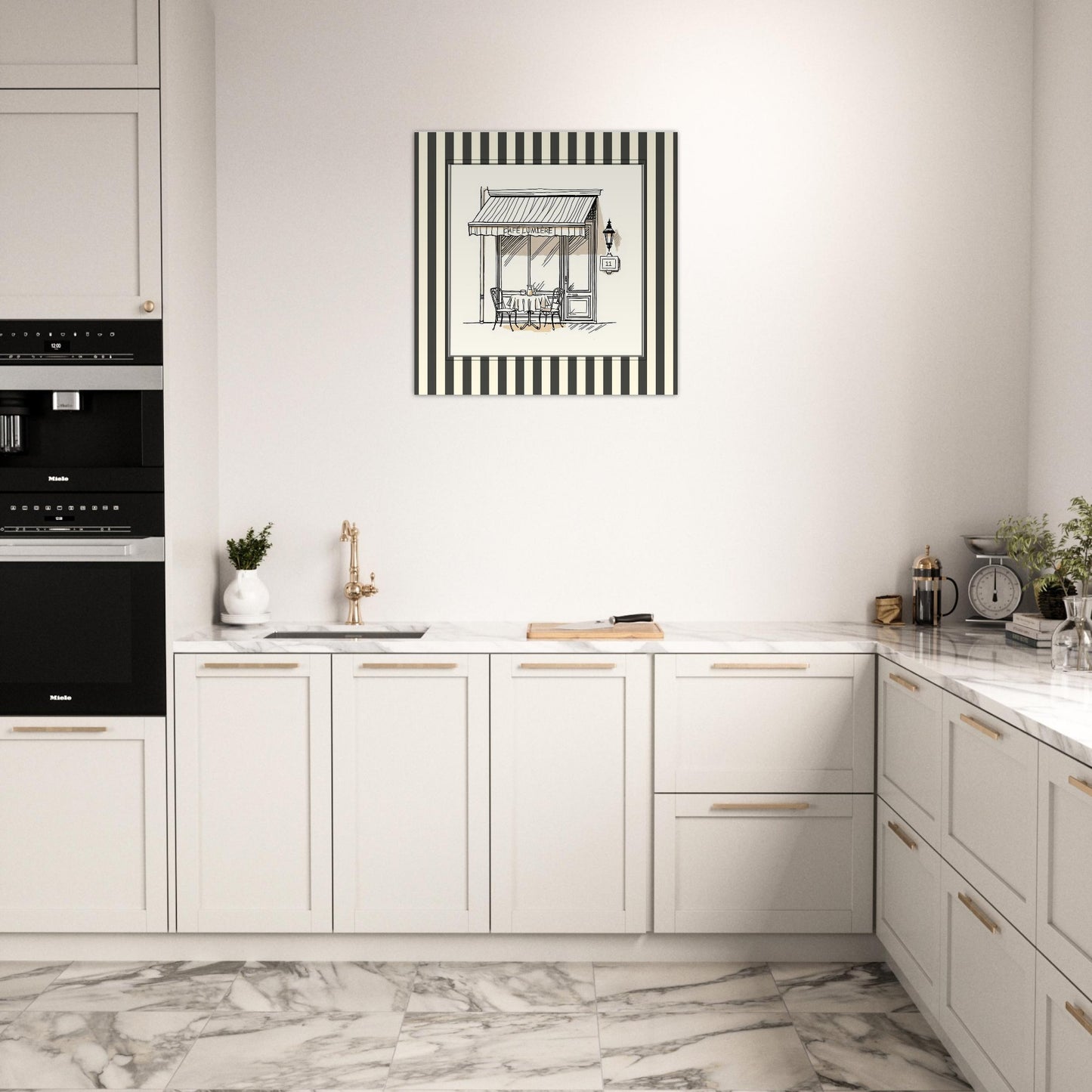 Lifestyle mockup of Café Lumière Paris art print displayed in modern neutral kitchen