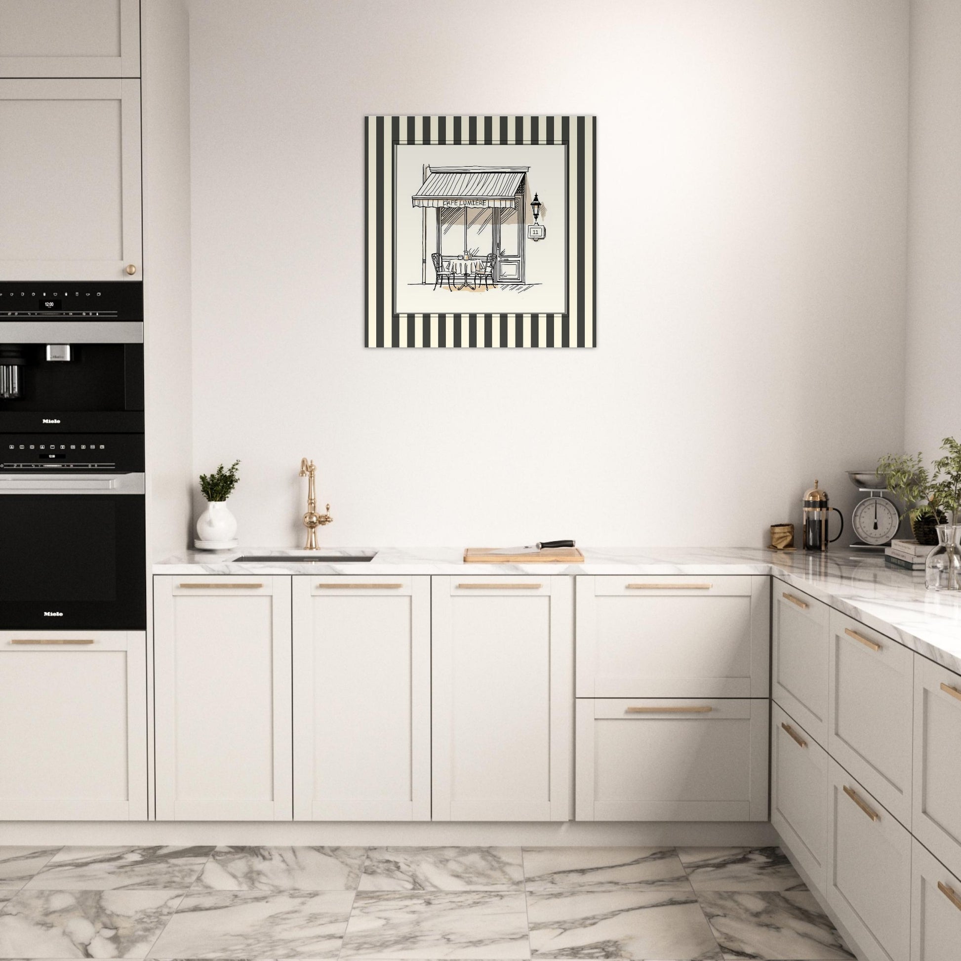 Lifestyle mockup of Café Lumière Paris art print displayed in modern neutral kitchen