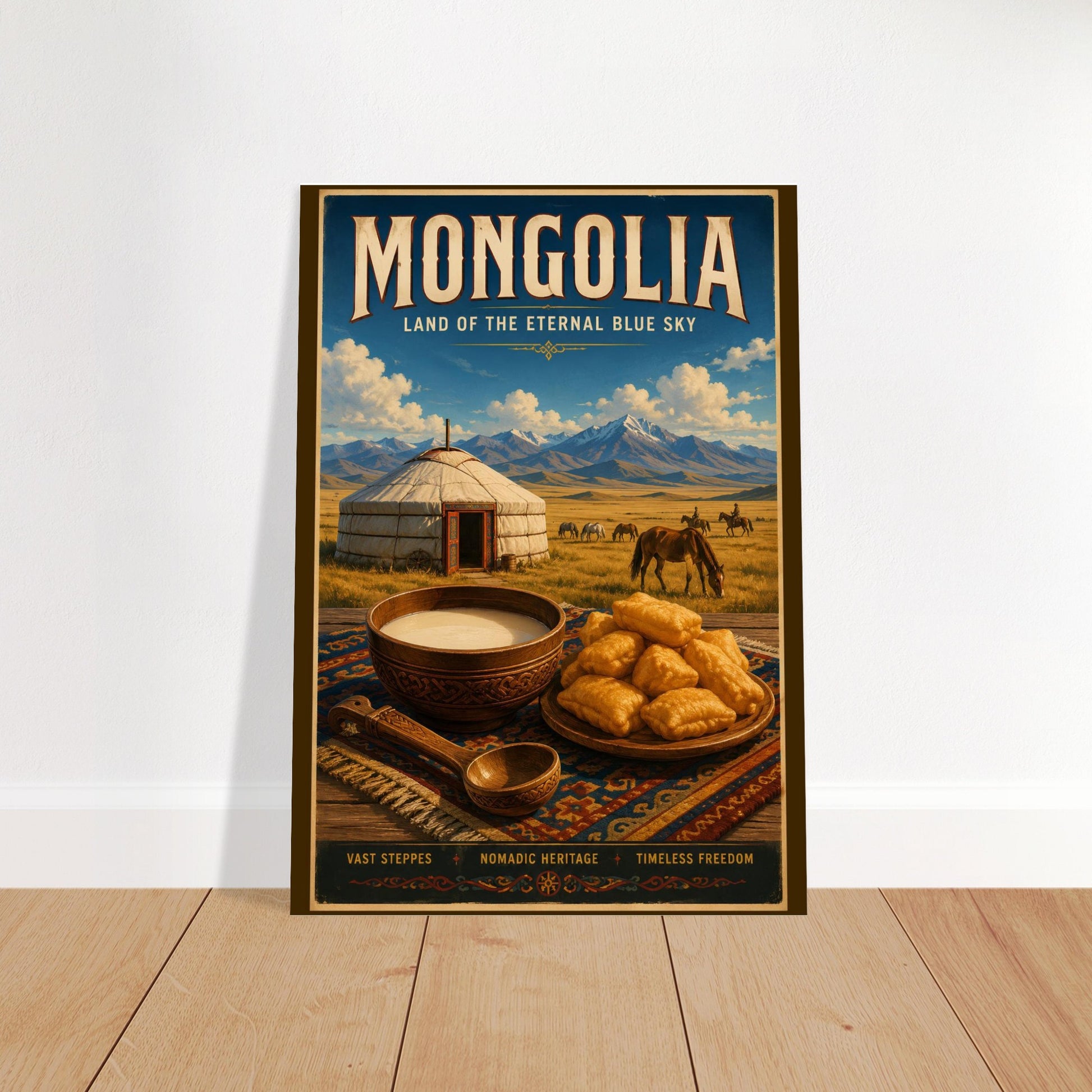 Mongolia travel poster featuring the Eternal Blue Sky, traditional ger, horses, and boortsog pastries displayed in a bright modern interior.