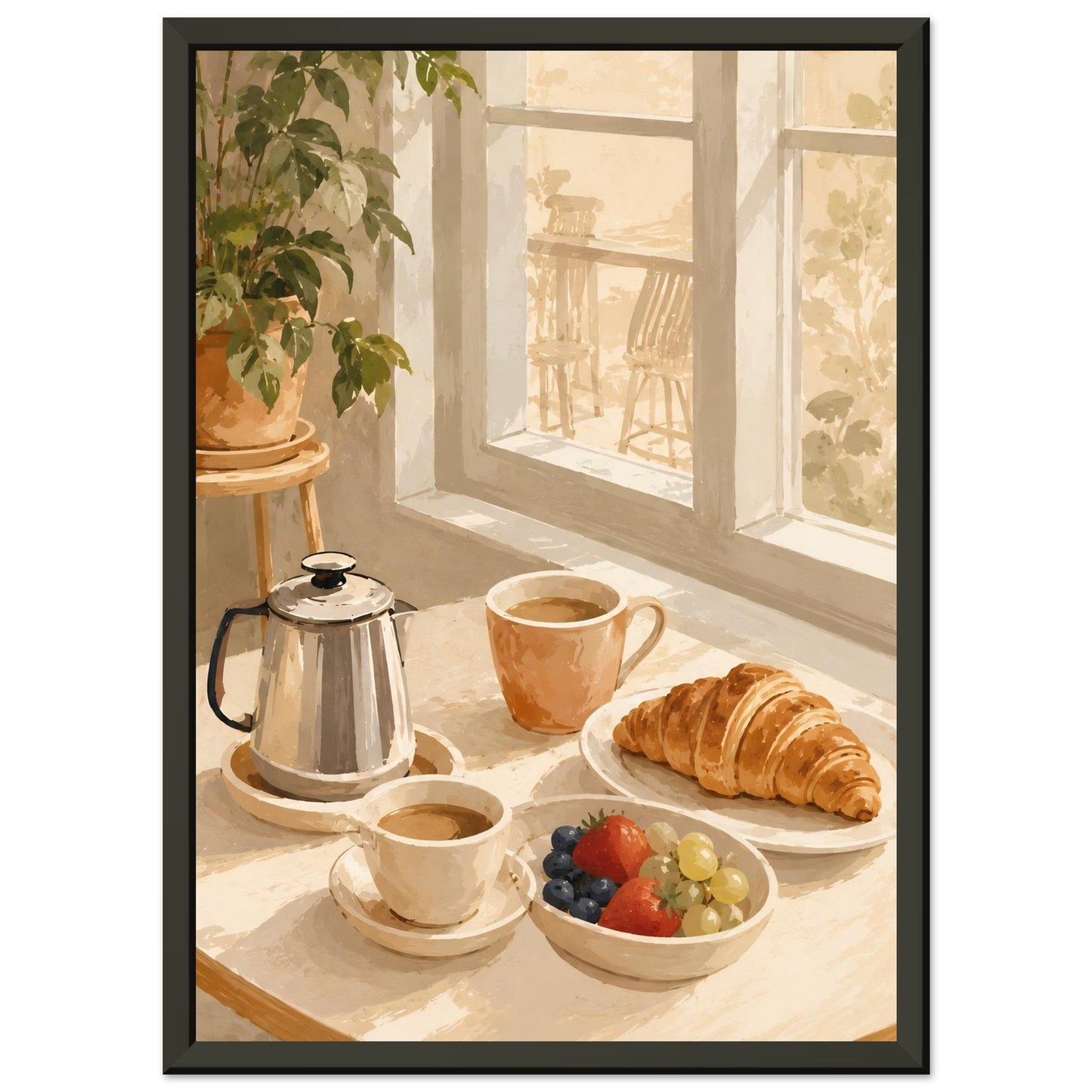 Café setting with coffee, croissant, and fruits on a windowsill.