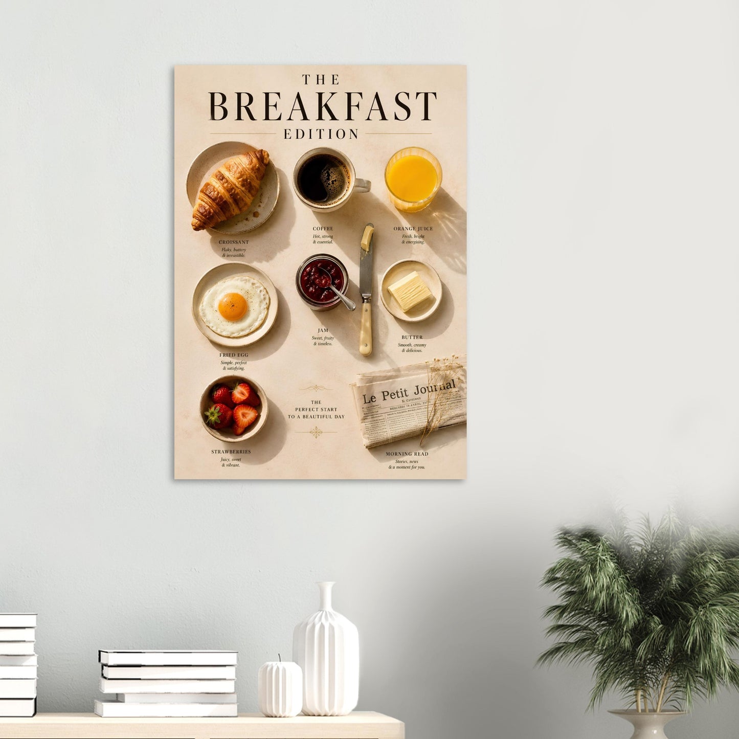 Poster of a breakfast spread with food items on a wall above a table with decor items.