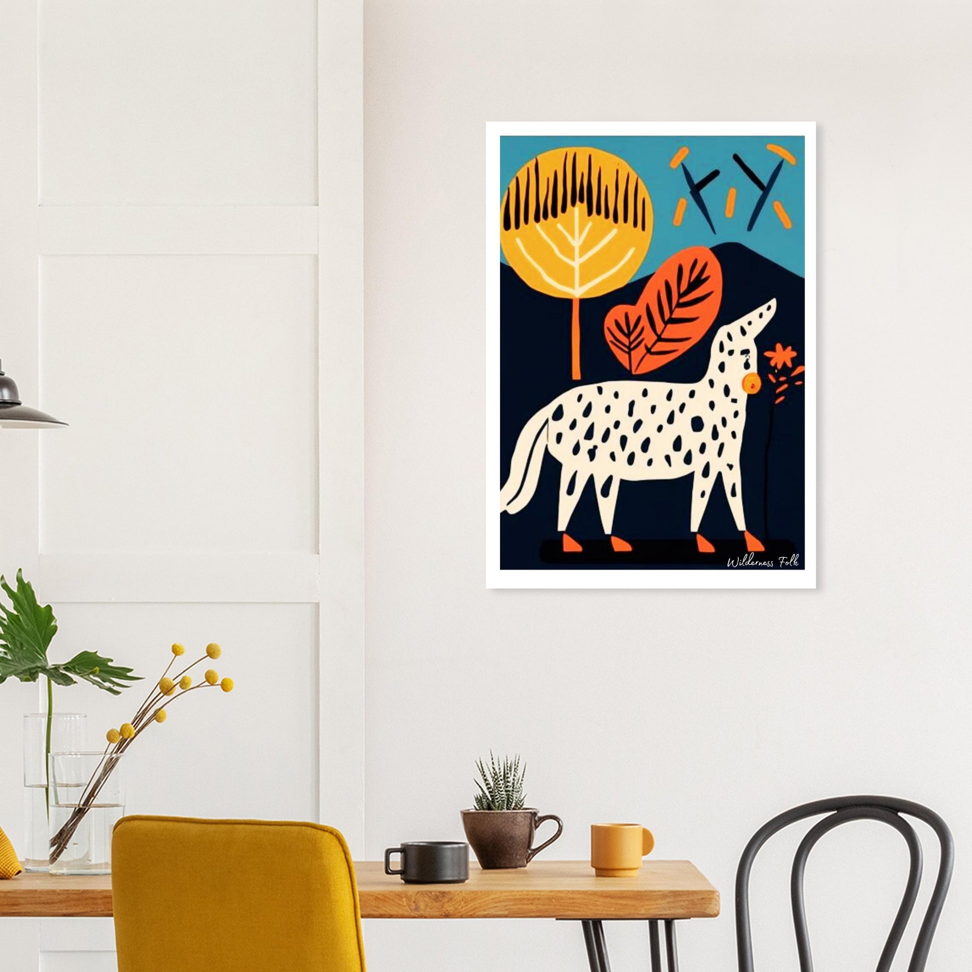 Colorful animal illustration poster on a wall above a wooden table with chairs.
