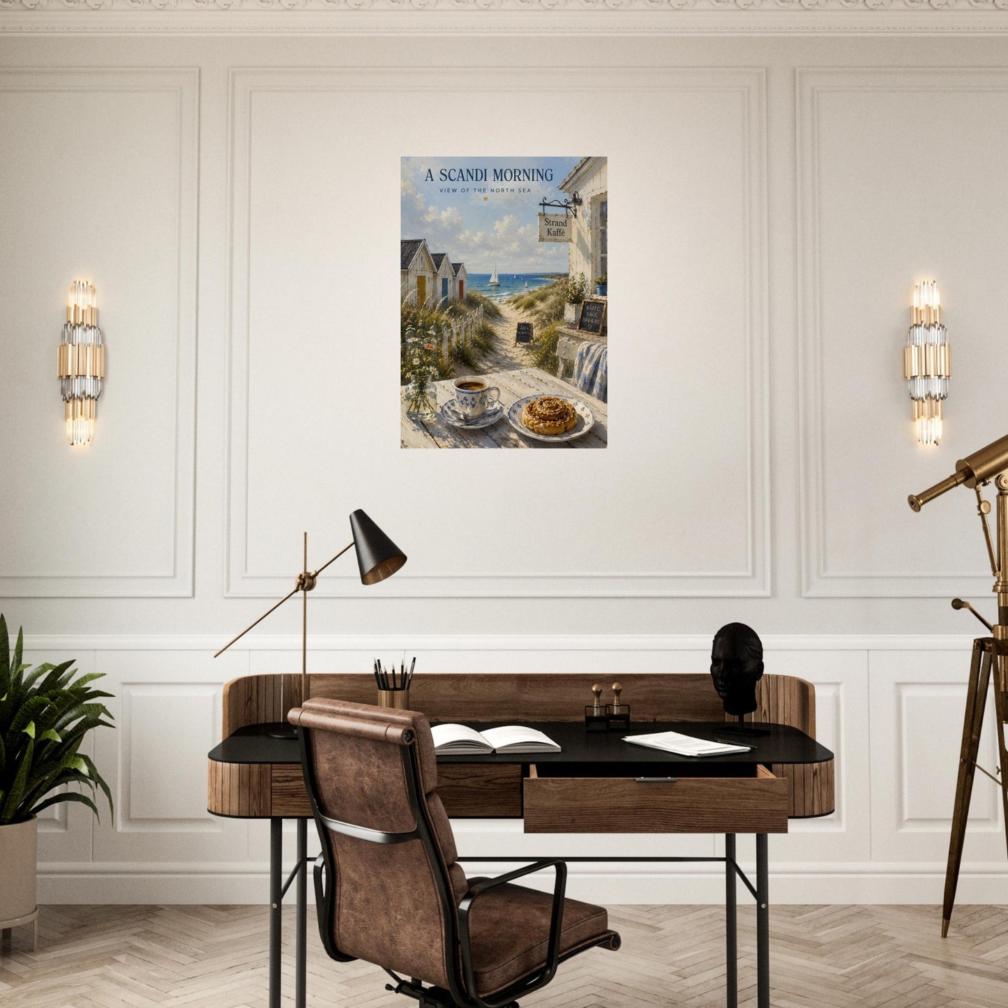 Nordic wall art displayed in a home office featuring a coastal café, coffee and cinnamon bun