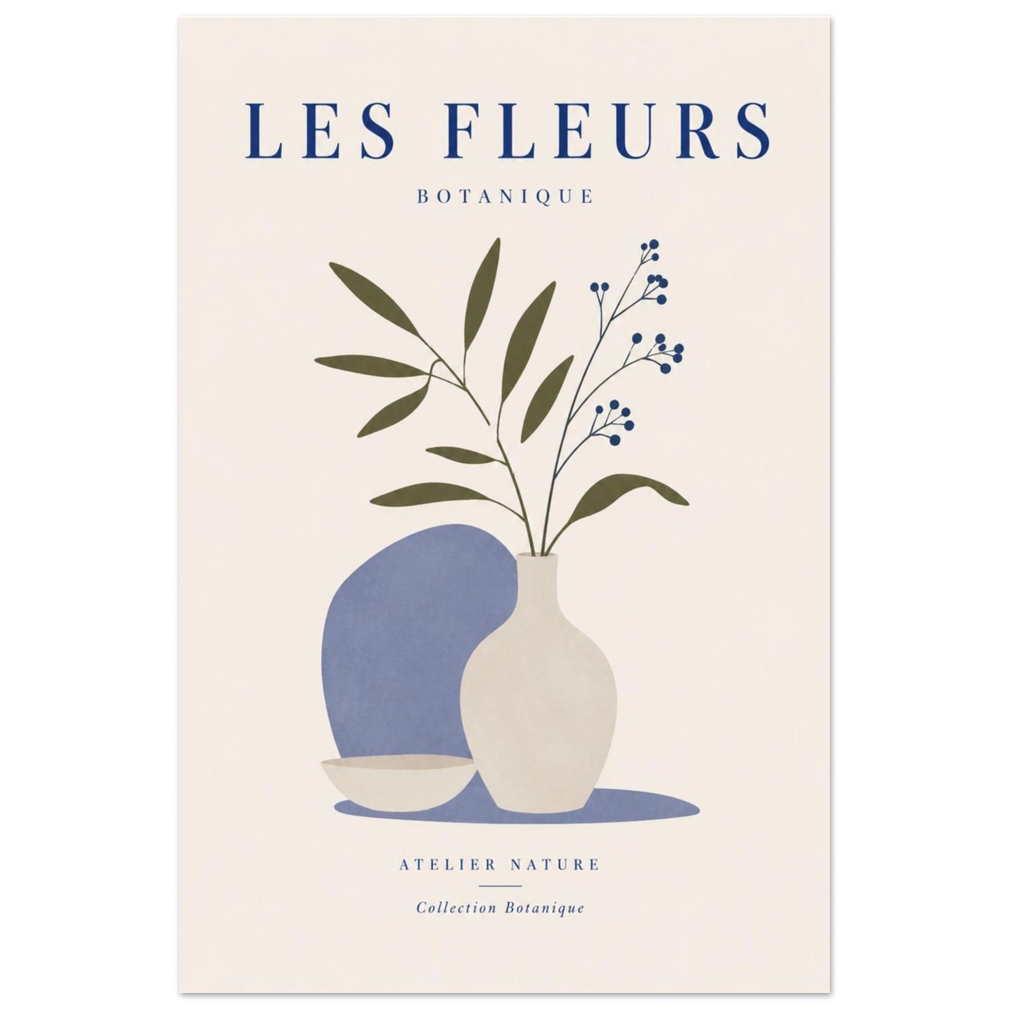 Close-up of Les Fleurs minimalist botanical print with blue vase and elegant floral stems