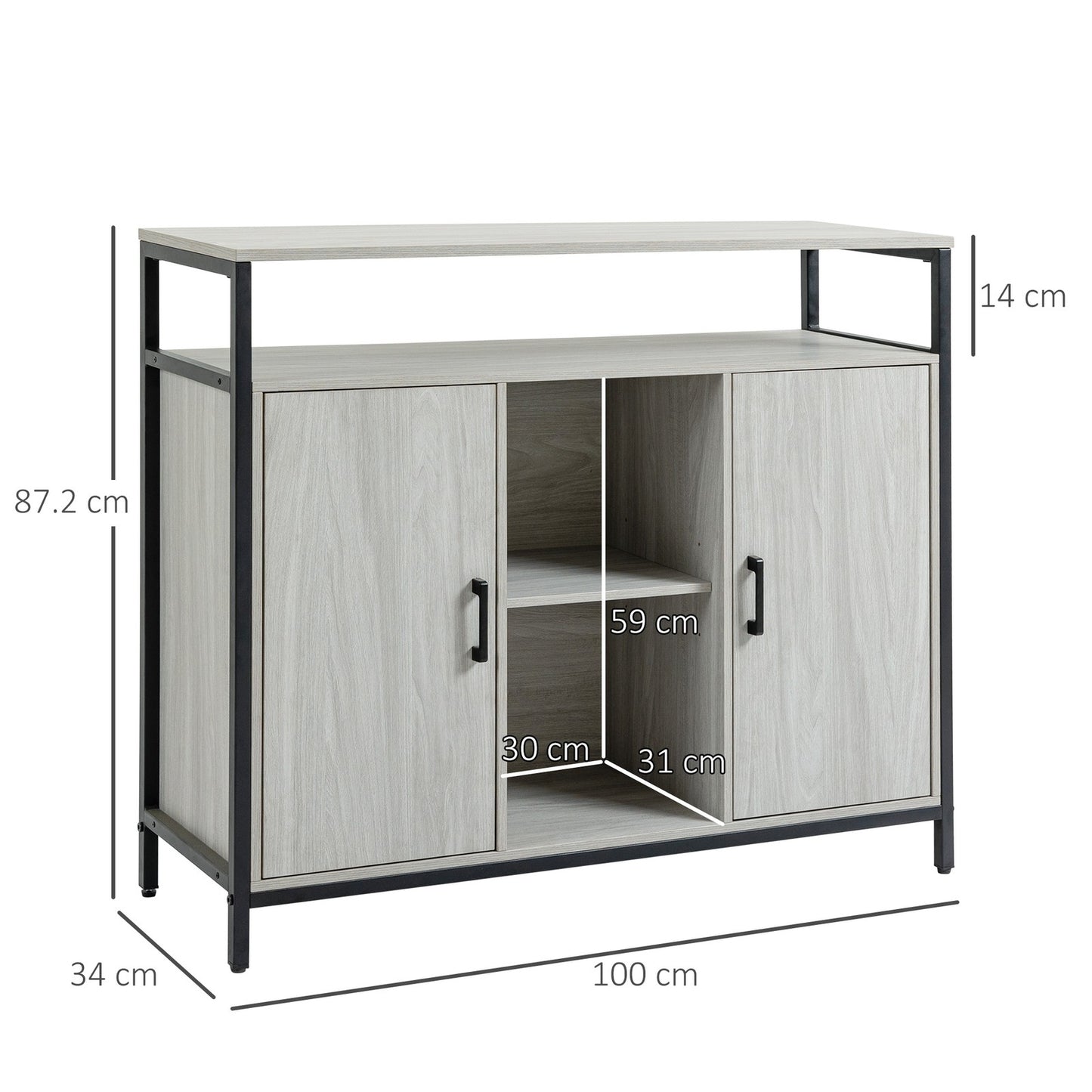 Modern Sideboard, Storage Cabinet with Adjustable Shelves Steel Frame Light Grey