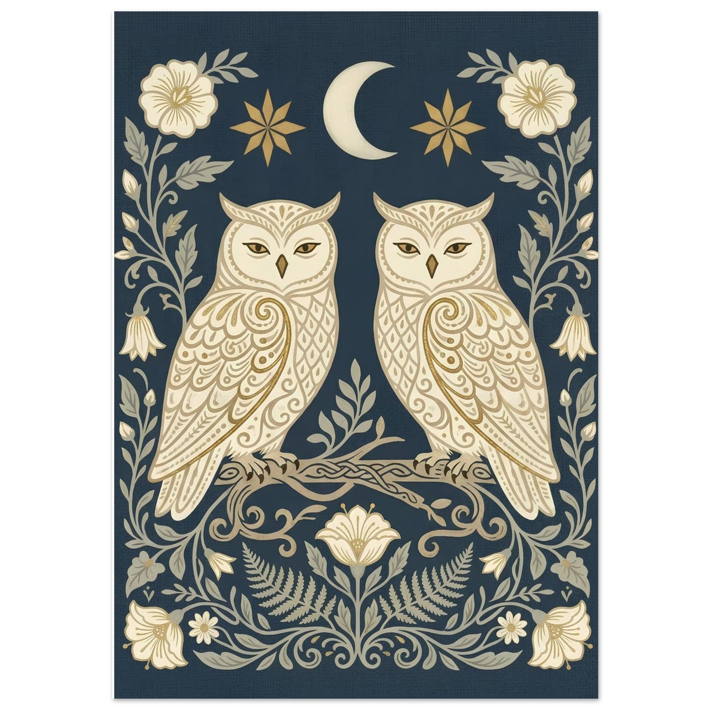 Close-up of Owls & Moonflowers wall art featuring symmetrical cream owls, moonflowers and celestial details on a navy background.