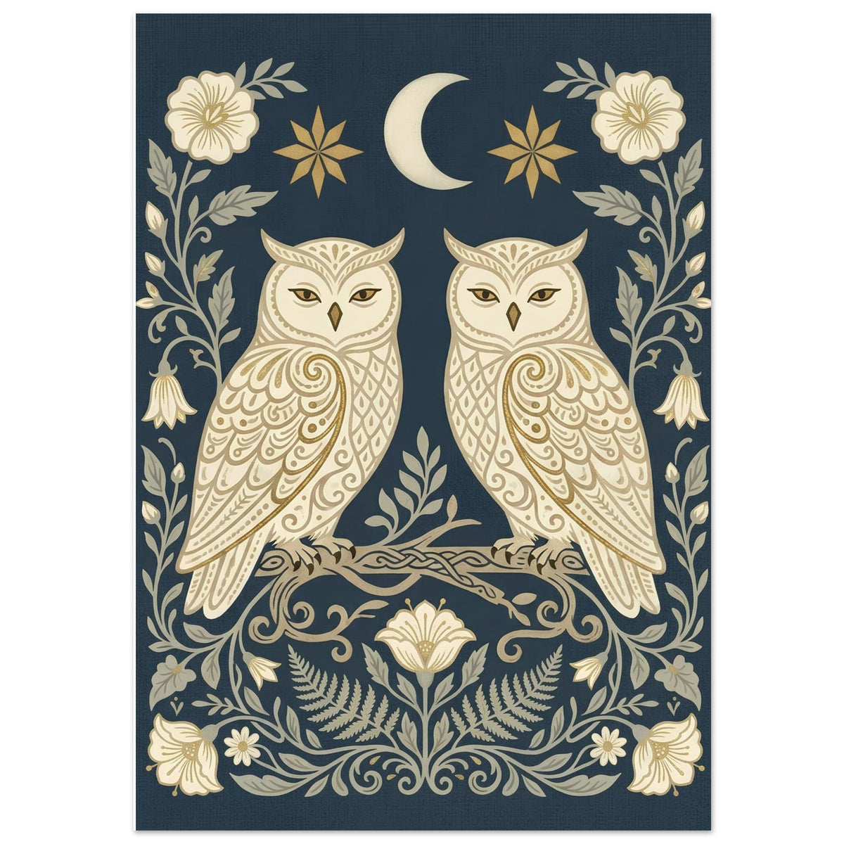 Close-up of Owls & Moonflowers wall art featuring symmetrical cream owls, moonflowers and celestial details on a navy background.