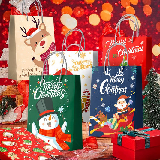 24 Christmas paper gift bags with handles featuring Santa, Reindeer, Snowman, and Gingerbread designs