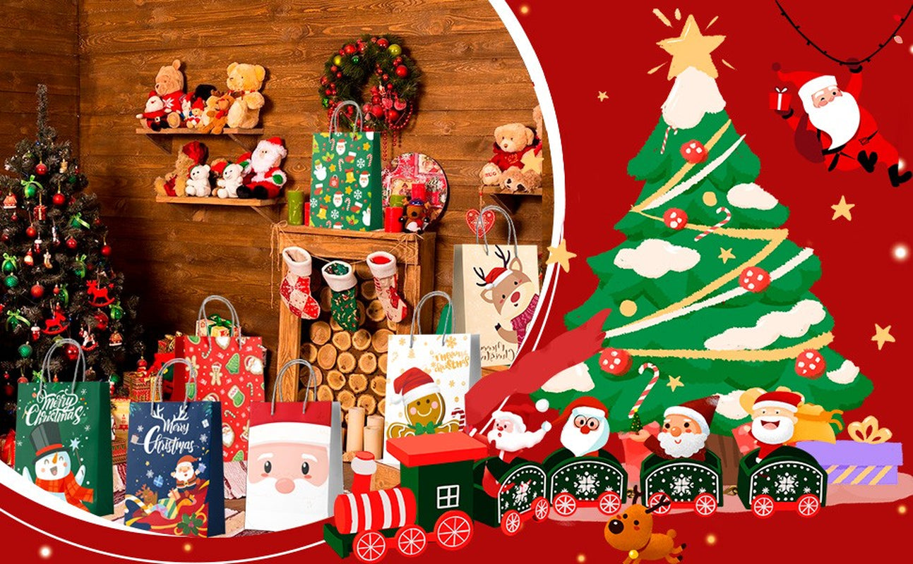 24 Christmas Gift Bags with Handles Kids Novelty Present Paper Party Loot Bag