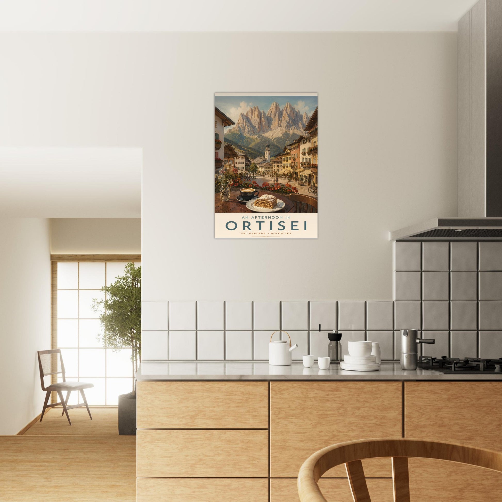 Ortisei travel poster in a modern dining room, bringing the charm of northern Italy and the Dolomite Mountains into a workspace.