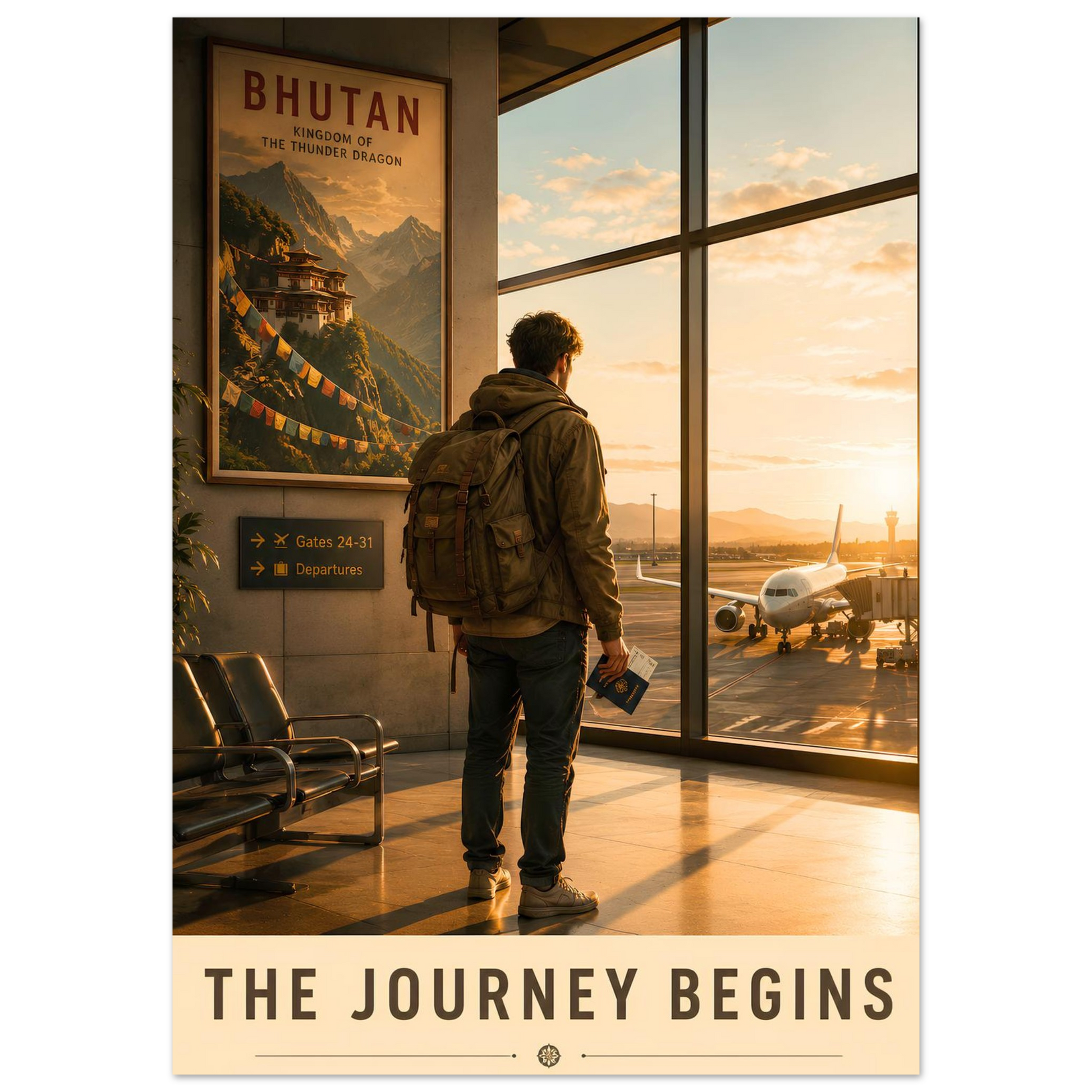 The Journey Begins contemporary travel wall art featuring a backpacker at an airport sunrise