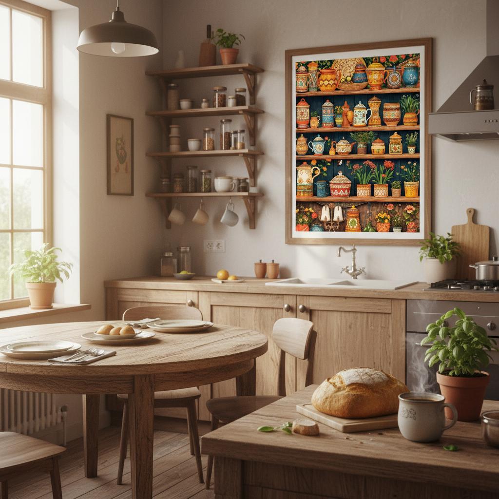 Kitchen interior with a colorful shelf poster on the wall