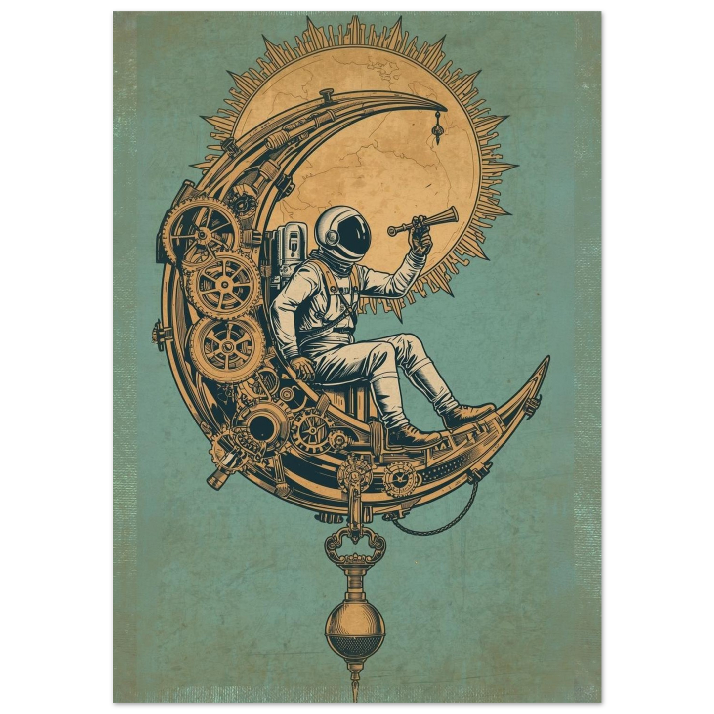 Illustration of an astronaut on a mechanical moon with gears and a telescope, on a textured green background.