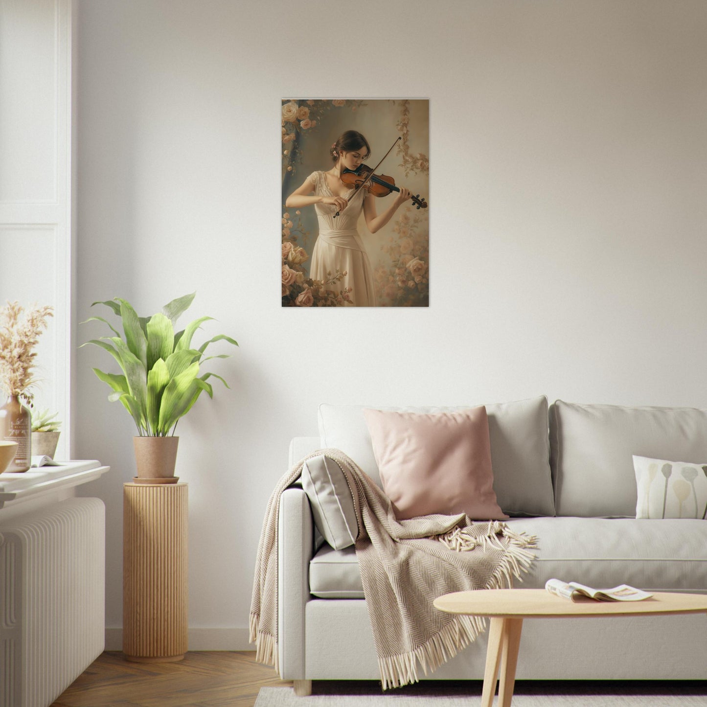 Living room with a sofa, coffee table, and wall art of a woman playing the violin.