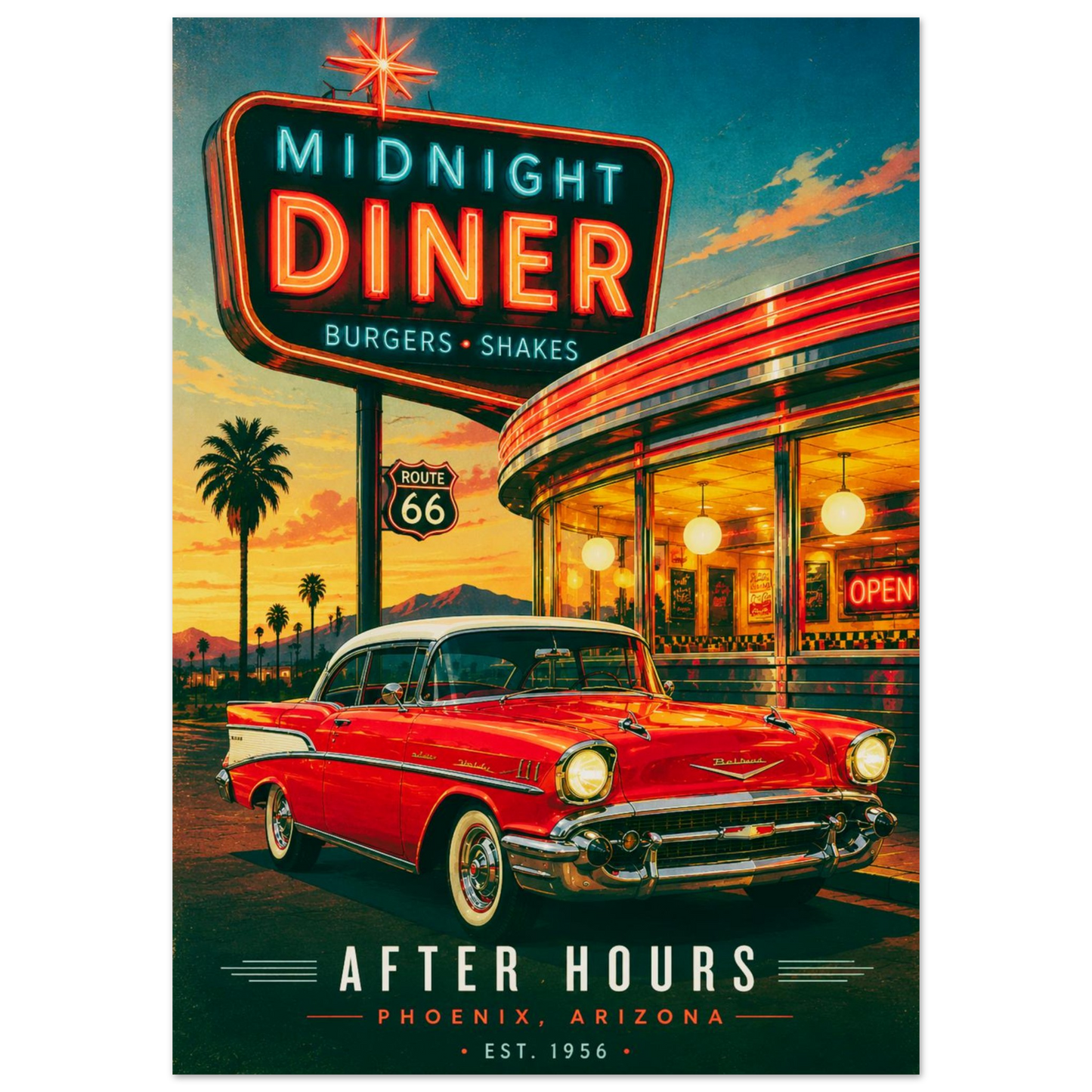 Vintage Poster - red car parked in front of a 50s diner with a neon sign on a sunset background.