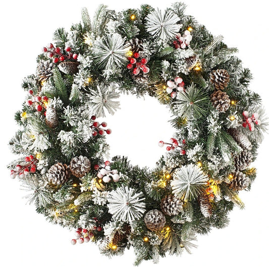 24Inch Christmas Wreath Decorative Christmas with Light Door Winter Pine Cone