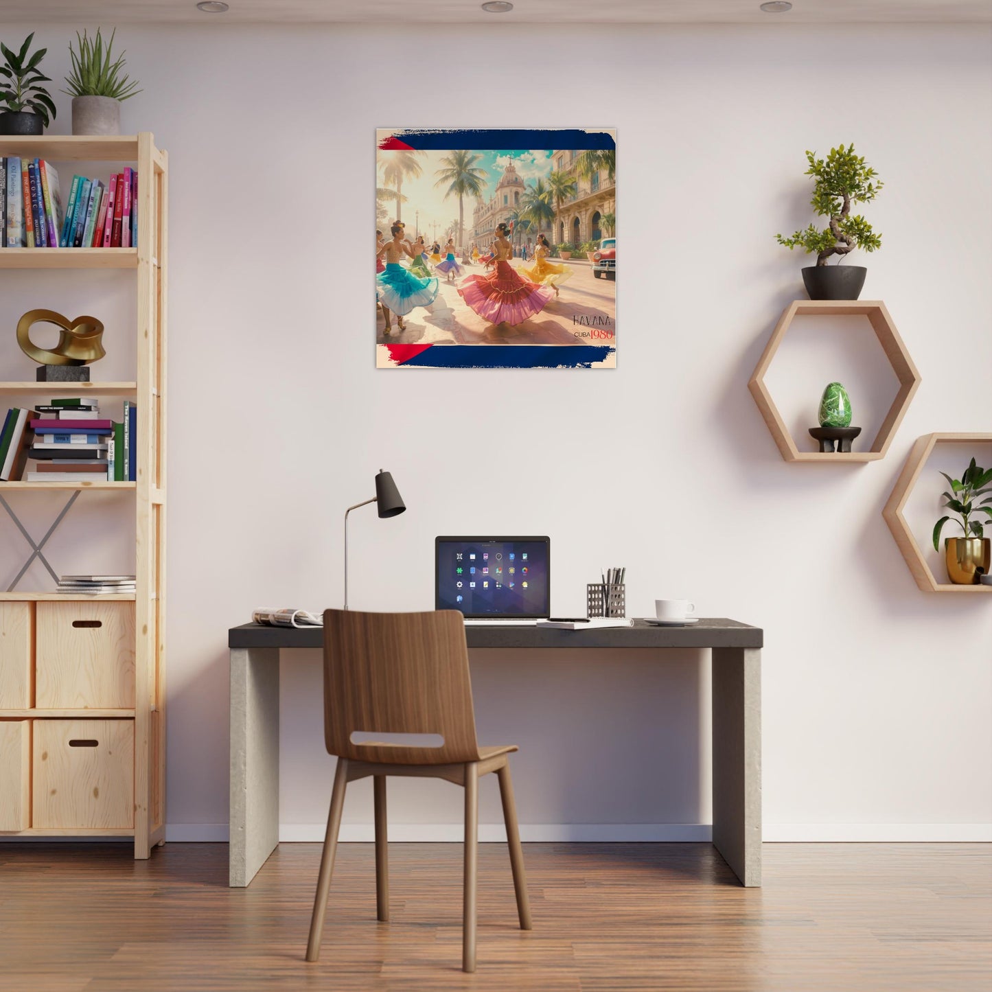 Modern home office with a desk, chair, and decorative wall art showing  dancers in colorful outfits on a street in Havana, Cuba.
