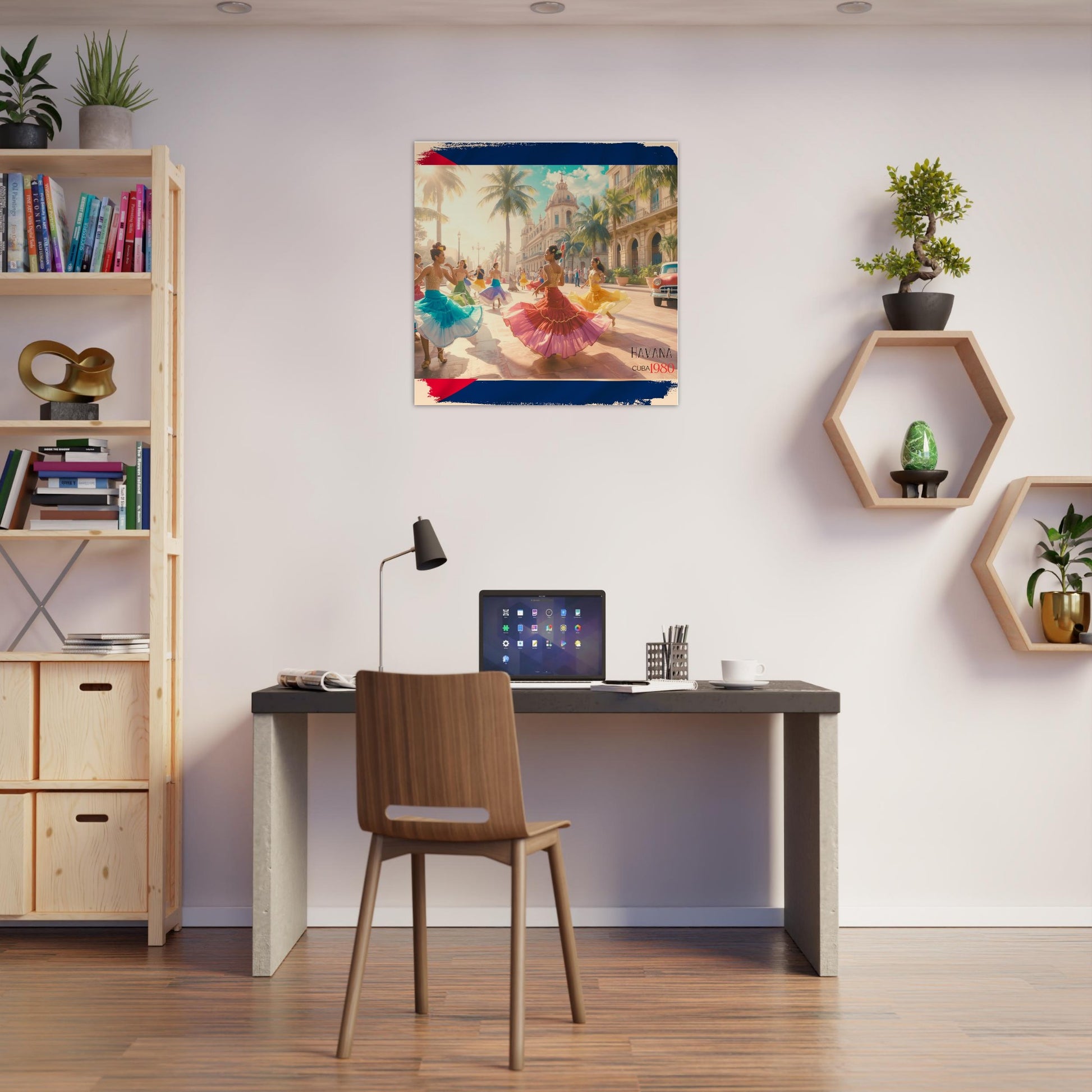 Modern home office with a desk, chair, and decorative wall art showing  dancers in colorful outfits on a street in Havana, Cuba.