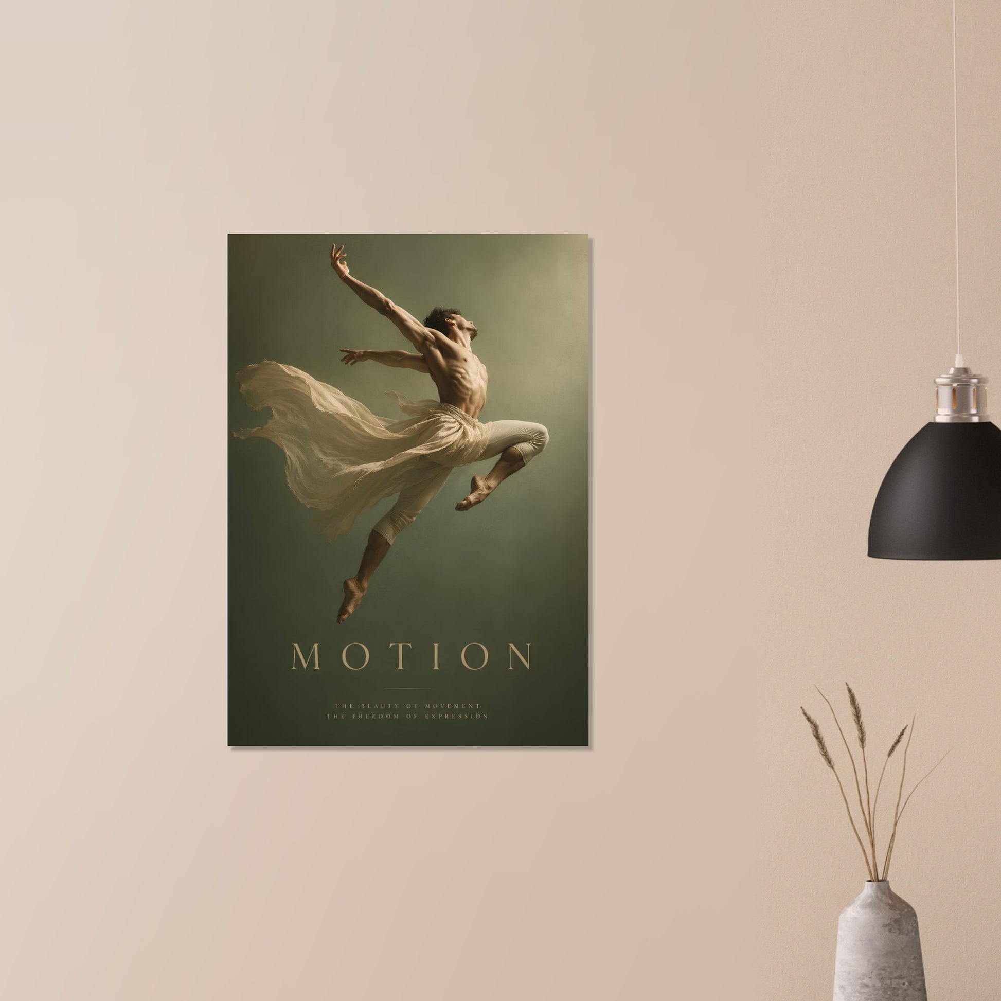 Motion artistic dance print displayed on a beige wall with minimal furnishings