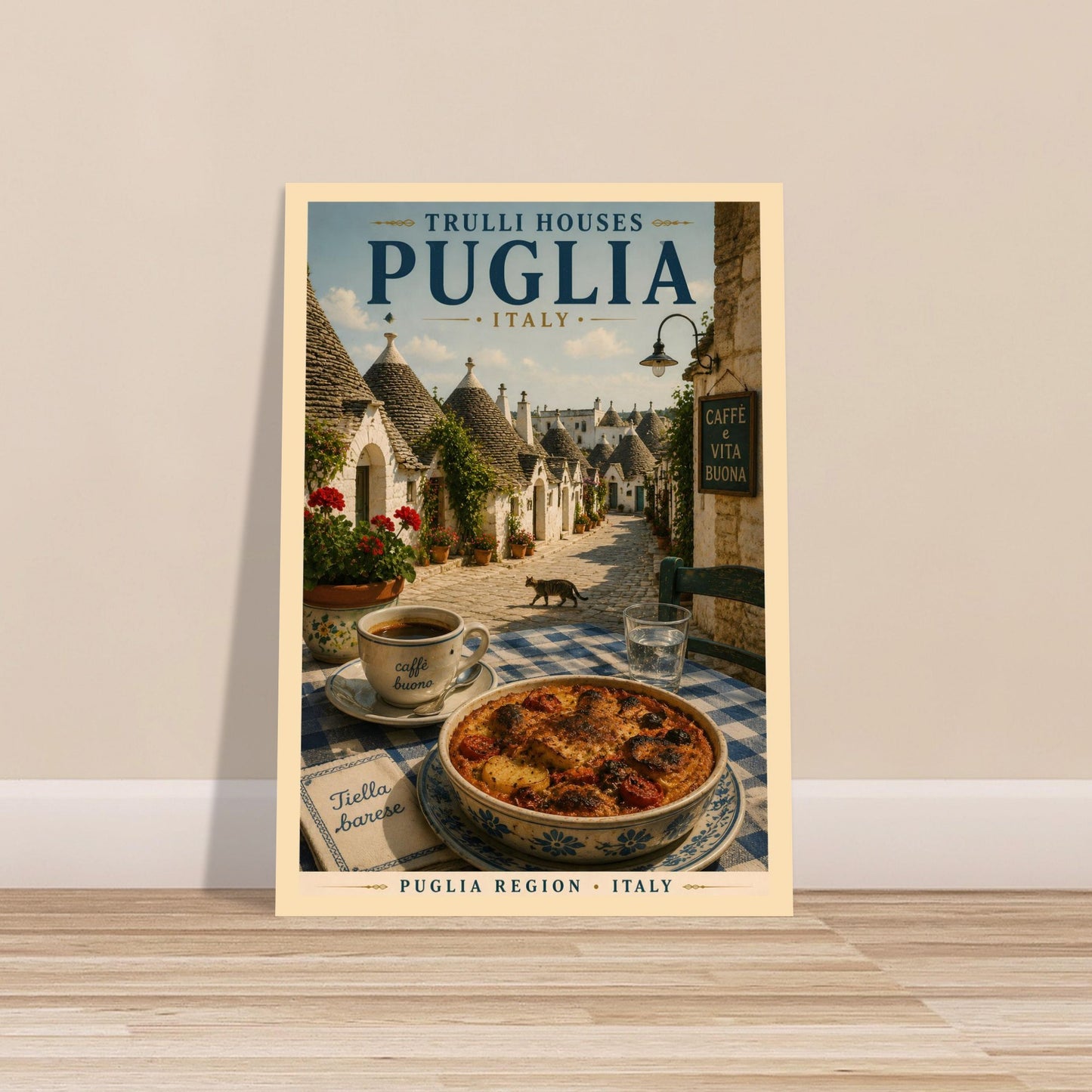 Poster of Puglia, Italy with trulli houses and a dish on a table.