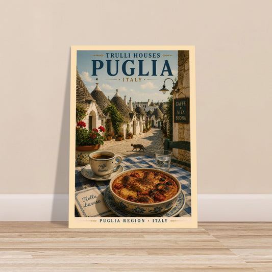 Poster of Puglia, Italy with trulli houses and a dish on a table.