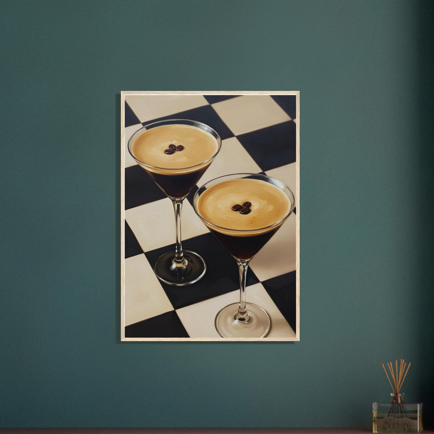 Espresso Martini framed wall art displayed on a dark green feature wall with elegant contemporary décor.