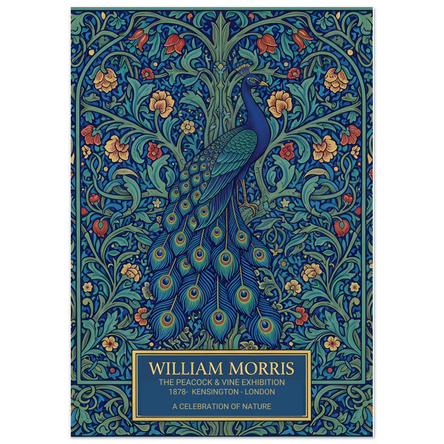Vintage William Morris exhibition poster of a blue peacock with a long, detailed tail, surrounded by intricate green vines and orange flowers on a dark teal background. Cream-colored text at the bottom reads William Morris The Peacock and Vine Exhibition.